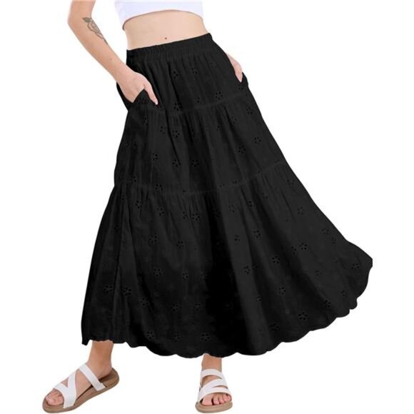 Women's Lace Embroidery Eyelet Boho Skirt Black - Picture 1 of 7